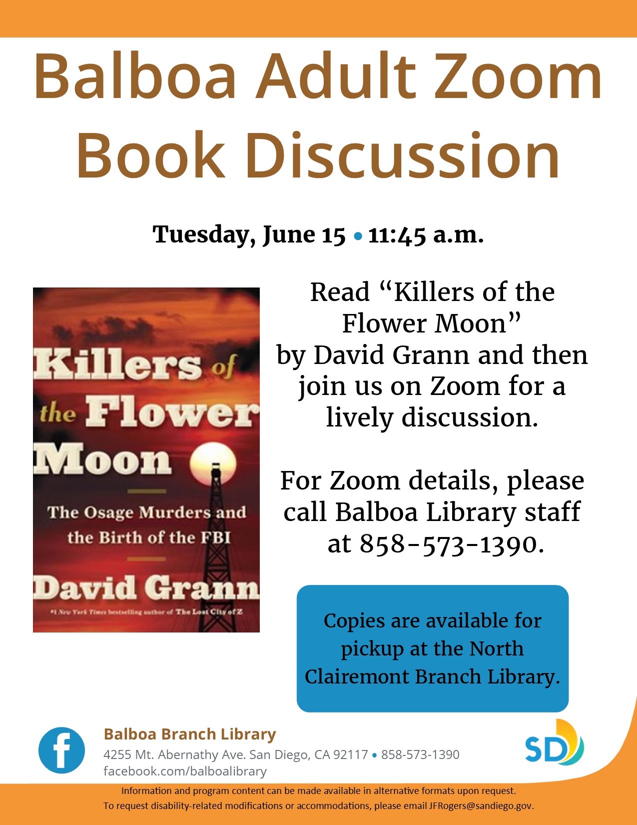 Balboa Adult Zoom Book Club Discussion "Killers of the Flower Moon